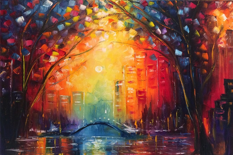 sunset city wall art , trees autumn, abstract oil painting Radiance by us artist Greg Gilreath image 1