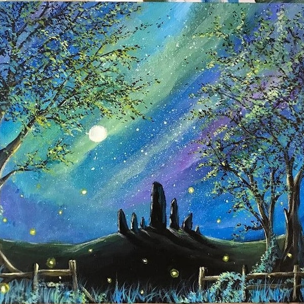 original art trees firefly Standing Stones wall art fine art "The old ones" painting by U.S. artist Greg Gilreath