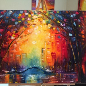 sunset city wall art , trees autumn, abstract oil painting Radiance by us artist Greg Gilreath image 2