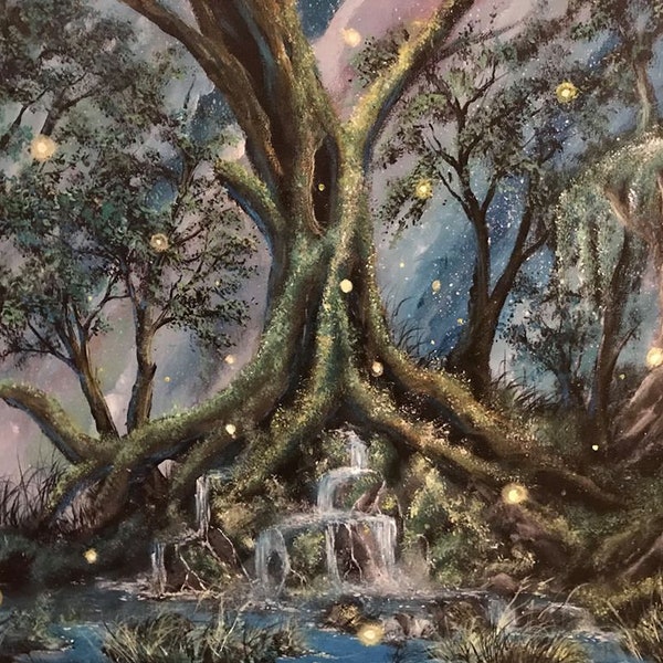 original art trees firefly fey waterfall river original painting by U.S. artist Greg Gilreath