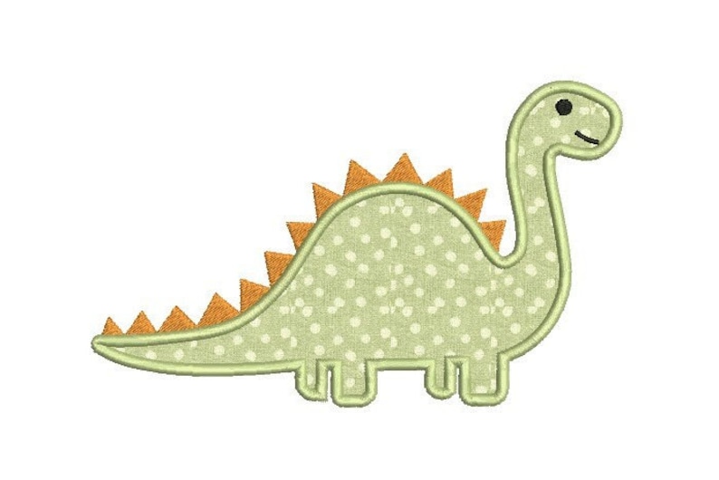 May include: A green dinosaur with orange spikes on its back. The dinosaur has a spotted pattern and a smiling face.