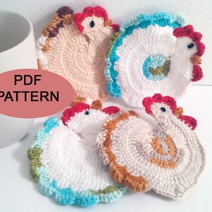 PDF Pattern, Crochet Chicken Coaster ,  10 x 10 cm, drink, coffee coasters, crochet gift