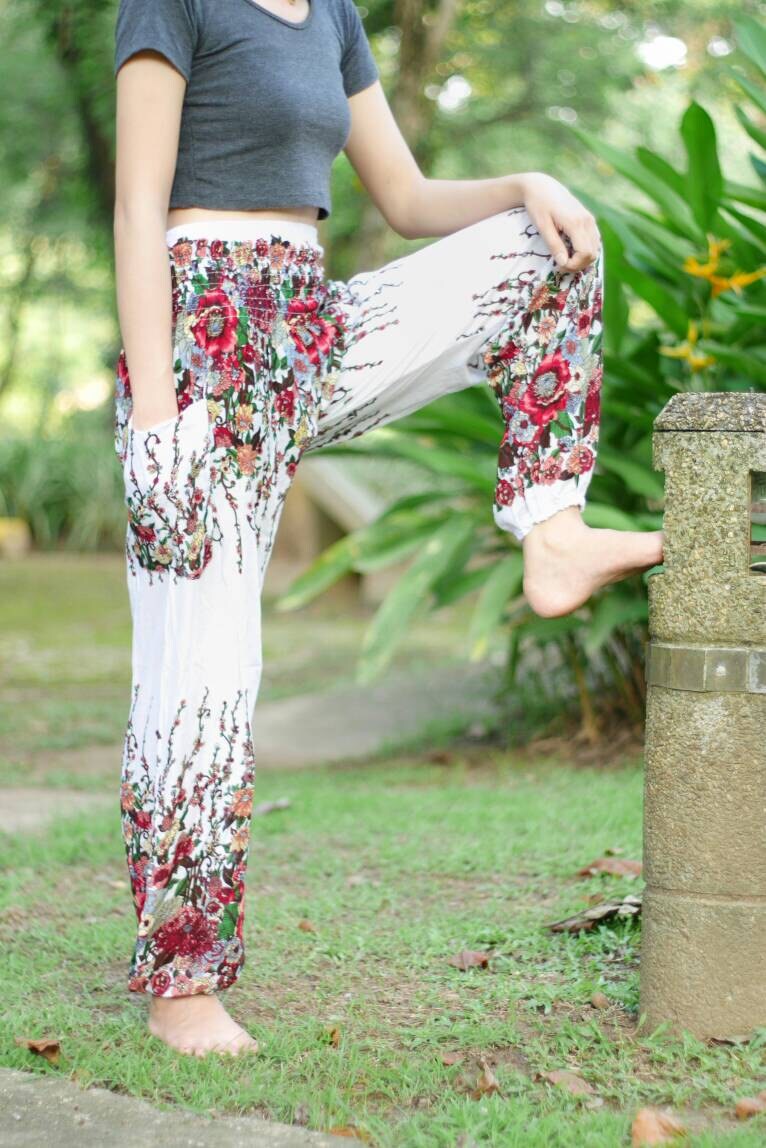 White pattern Flower pants Colorful pants Floral pants Etsy