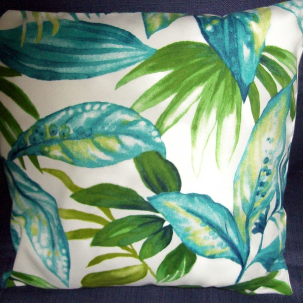 Pillow Cover 18" Indoor/Outdoor tropical fabric Carribean Blue Green palm leaves coastal 18 X 18  Handmade