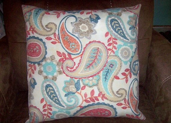 Handmade Paisley Decorator PILLOW COVER 18 Cranberry Orange Teal Aqua Blue Tan USA 18 X 18 Etsy