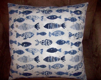 Pillow Cover 18" Coastal tropical fabric Navy Blue Silver coastal 18 X 18  Fish Solartex "INDOOR /OUTDOOR"