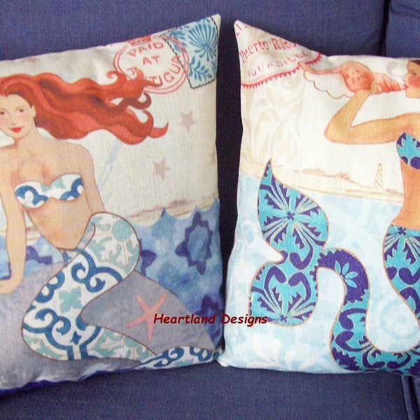 Sale ~ Mermaid Pair Pillow Covers Shell Ocean teal aqua blue turquoise Takes 18" Sq Insert