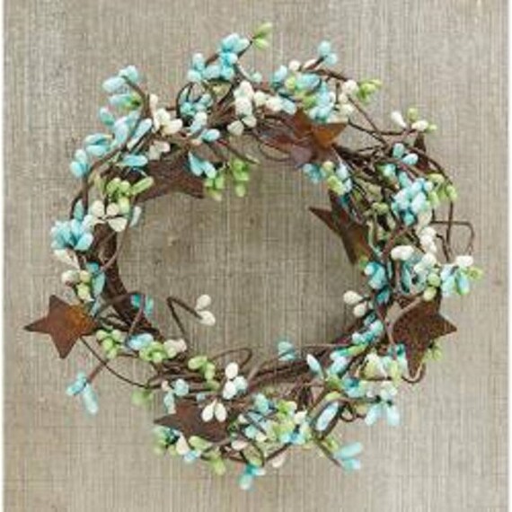 Primitive country farmhouse teal aqua pip berry pick stars /& leaves