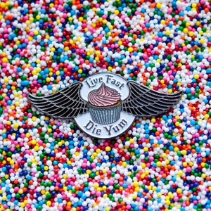 Cupcake Enamel Lapel Pin | LIVE FAST pin, cupcake with wings, dessert pin, food pin, cupcake hat pin, flying cupcake, cupcake art, funny pin