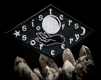 Sisters of Sorcery Black and White Embroidered Patch | witchy patch, witch patch, crystal ball patch, iron on patch, diamond shape patch
