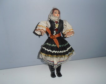 Vintage Greek Doll girl national costume / stuffed toy / hand painted face folk figurine