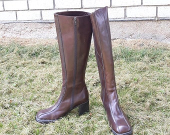 black leather square toe knee high boots