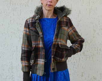 Vintage green plaid hooded Jacket women XL large size faux fur hood wool coat European