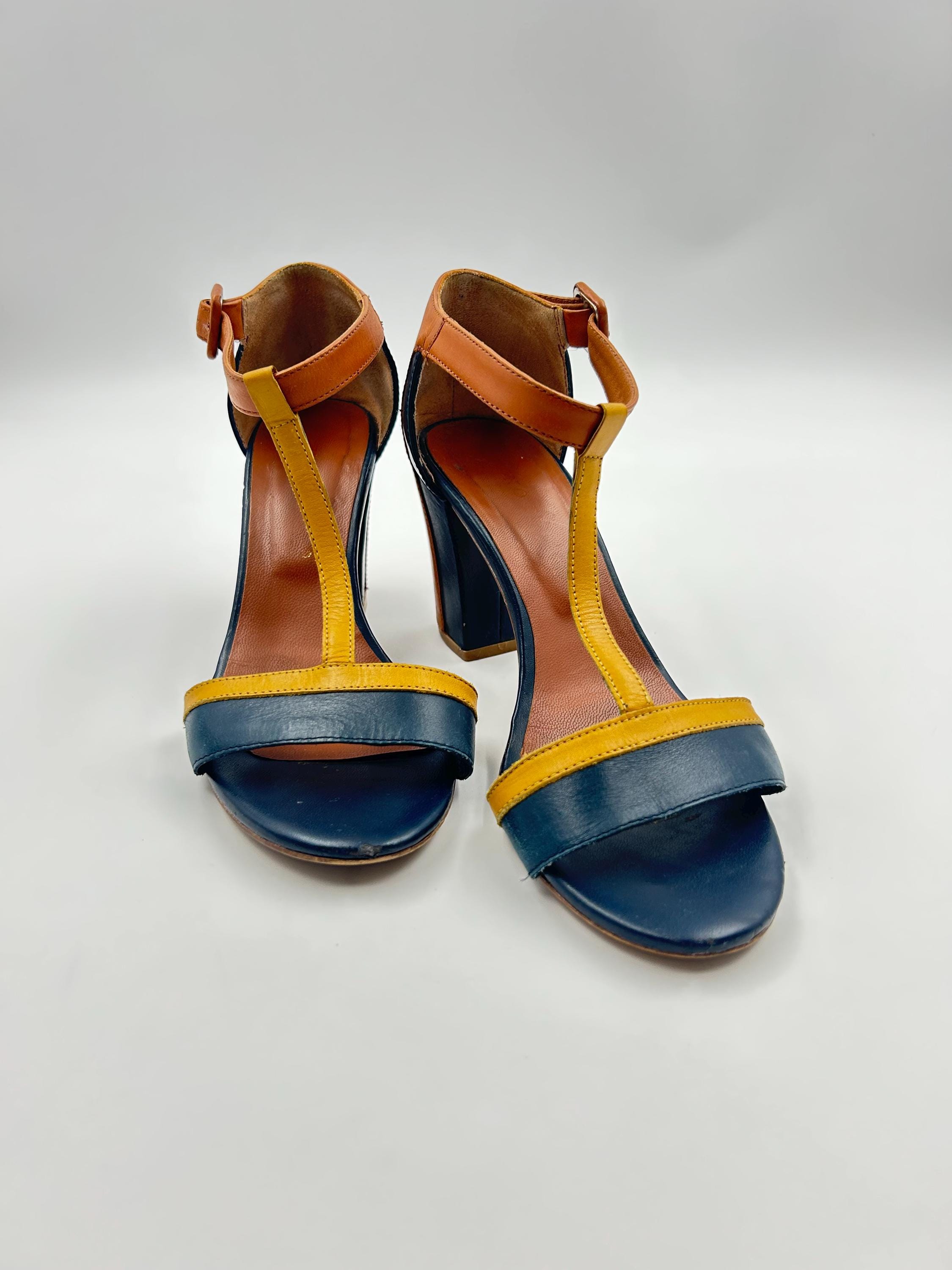 Leather T Strap Sandals in Navy Blue and Yellow | Strappy Open Toe Shoes with High Block Heels for Women Size 38EU