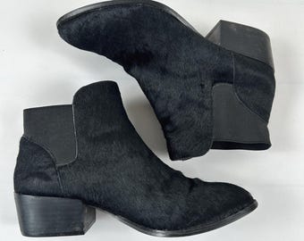 Black Fur Upper Leather Ankle Boots, Chunky Heels Size 38EU 7US