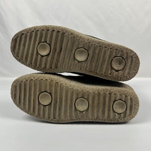 May include: Close-up of the soles of two shoes. The soles are made of a light brown material with a ridged pattern and three circular indentations. The shoes appear worn.