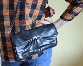 Vintage Black Vegan Leather Bag, Women USSR Shoulder Purse, 70s Accessory