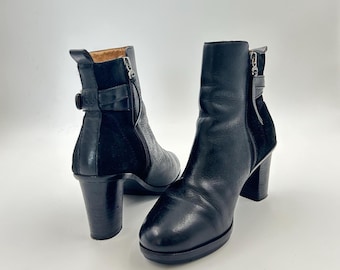 Vintage Black Leather Women Ankle Boots: Chunky Heel, EU 38 / US 7