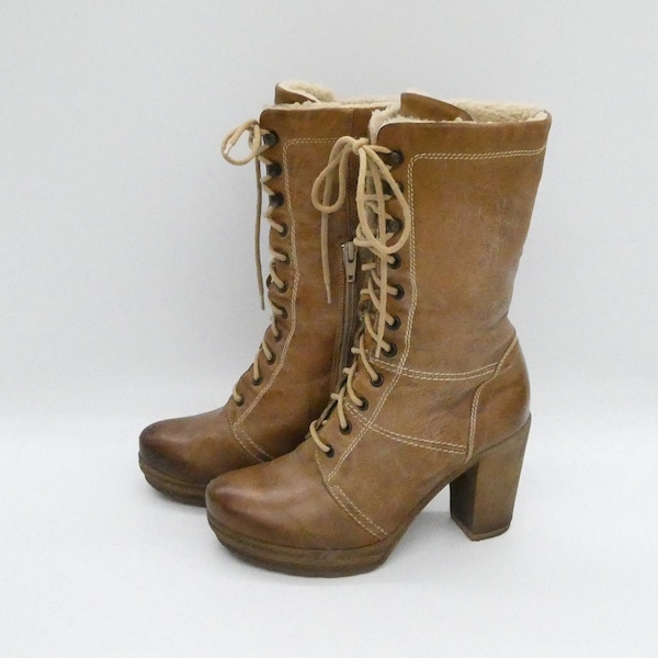 Vintage tan brown leather women lace up side zippers chunky heel platform ankle boots / EU 39