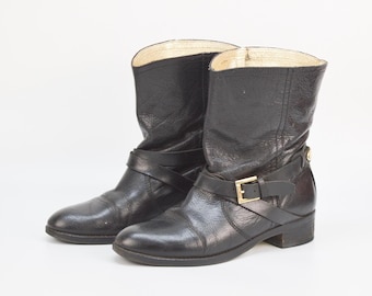 Vintage Ted Baker Leather Biker Boots: Black Rustic Ankle Boots Size 40EU 8.5US