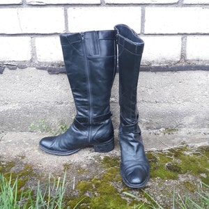 Vintage zwarte echt leren dames hoge laarzen maat 39EU 8US By 5th Avenue Europese schoenen met lage hak