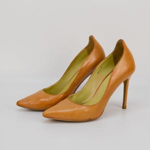 Vintage Leather Stiletto Pumps: Tan Brown Pointed Toe, Basconi Size 39EU/8US