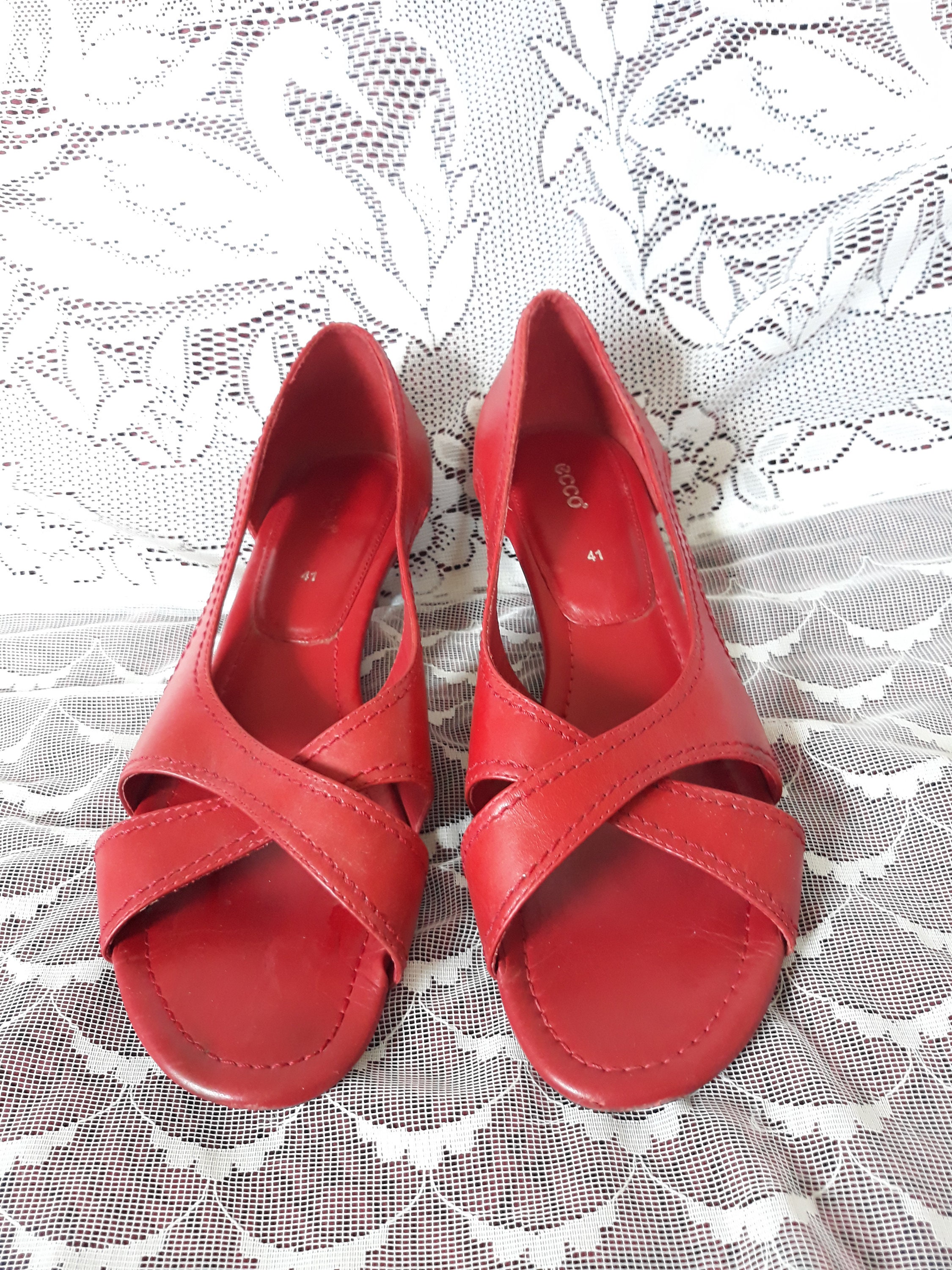 Vintage Leather Red Sandals Open Toe Shoes Kitten Heels Size - Etsy UK