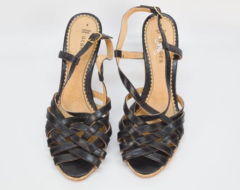 Vintage Black Leather Woven Slingback Sandals: Peep Toe Cone Heels EU 37