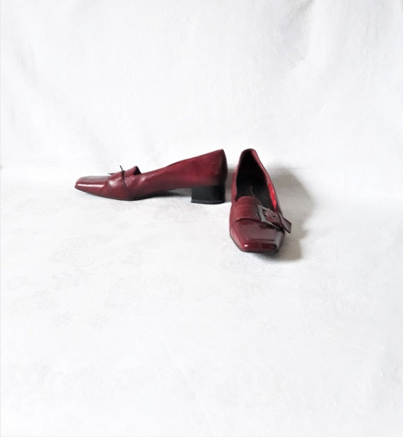 vintage red leather women loafers square toe shoes
