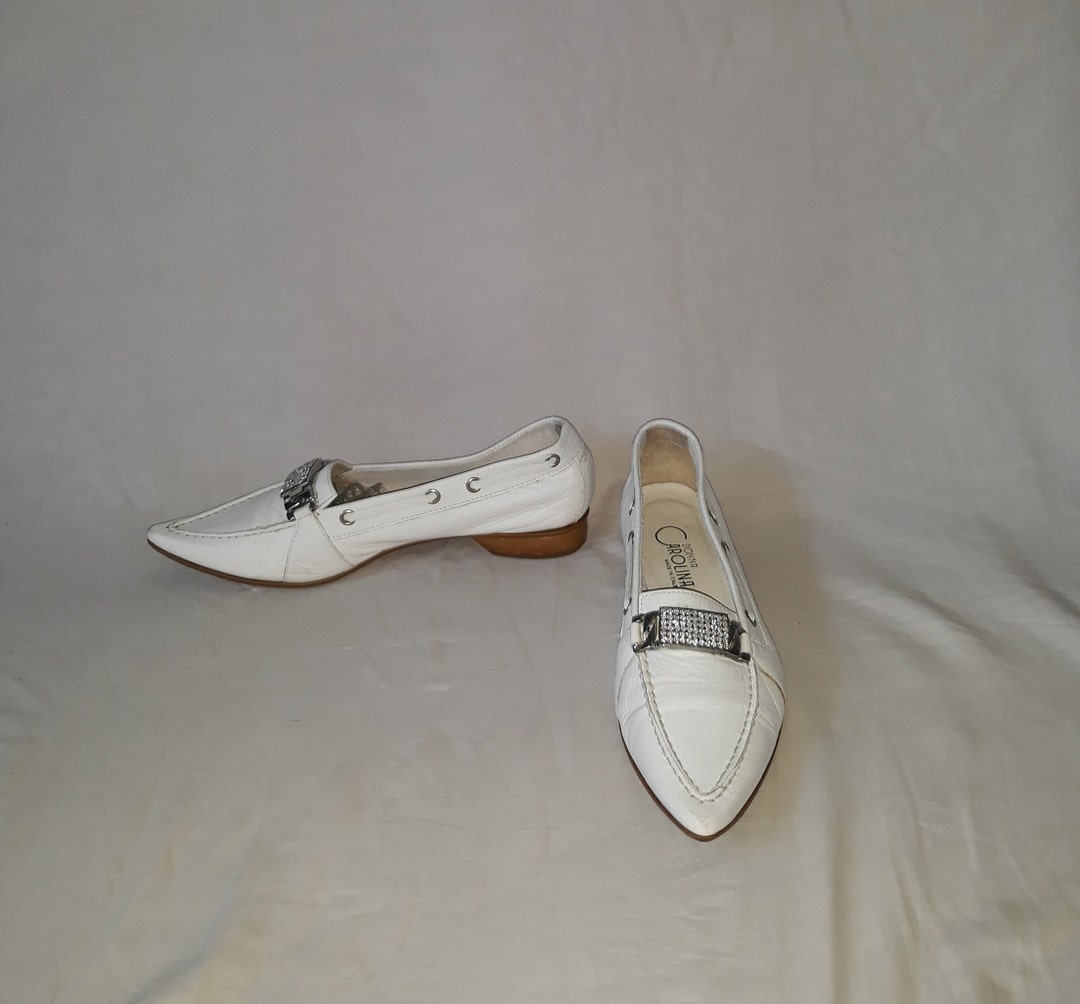 Vintage Women White Leather Shoes Italian Crystal Embellished Etsy
