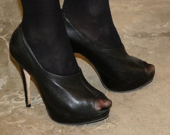 Escarpins vintage en cuir noir pour femmes, chaussures à talons aiguilles, taille 39, sandales à plateforme peep toe, fabriquées au Brésil
