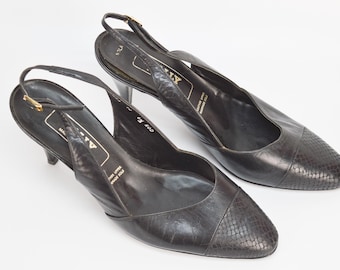 Zapatos de salón Bally vintage con tira trasera: piel negra con efecto reptil, fabricados en Inglaterra, talla 39 EU/8 US