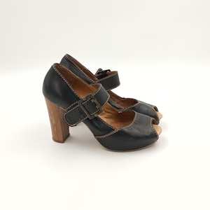 vintage women black leather platform shoes / peep toes sandals from Poland / 37 EU size footwear