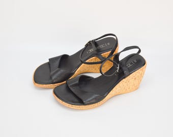 Vintage Leather Cork Wedge Sandals: Black Ankle Strap Heels, Size 38EU