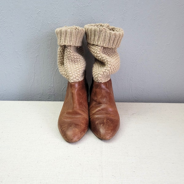 Vintage brown leather ankle boots with knitted top / women wedge heel slouch boho pull boot / footwear 36 size EU / made in Italy