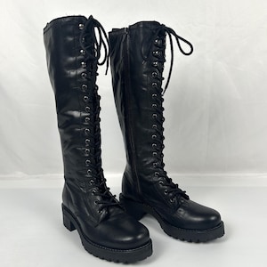 Faux Leather Black Combat Knee Boots / Round Toe Low Chunky Heel Lace Up Boots for Women size 36EU 5US