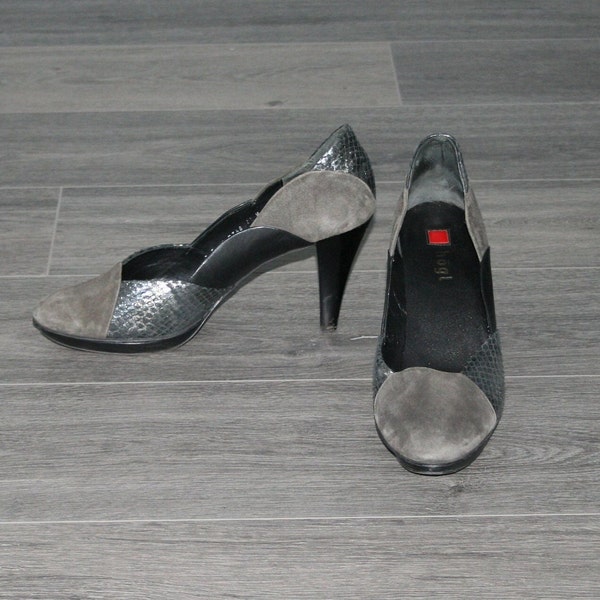 Vintage grey suede leather women pumps / almond toe croc moc shoes / Hōgl Size UK 7