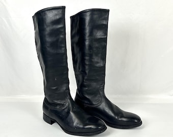 Vintage Leather Mens Black Tall Boots, Men Equestrian Footwear Size 44EU 10US USSR 1960s