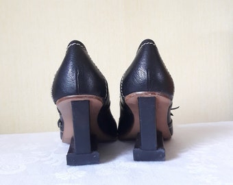 vintage leather black wedges Women corners heels platform shoes size 38 EU Made in Portugal