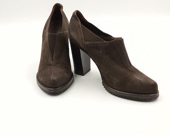 Vintage Italian Leather Heeled Loafers: Dark Brown Block Heels, Size 6.5 US