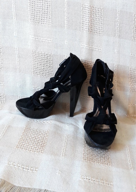 vintage black faux suede Stiletto Sandals Sexy wo… - image 2