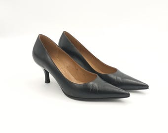 Vintage Black Leather Kitten Heel Pumps - Pointed Toe Size 36 EU