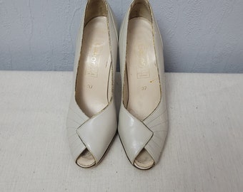 Vintage grijze leren damespumps / minimalistische peeptoe-schoenen / stiletto hakken / maat US 6 / Gabor Austria