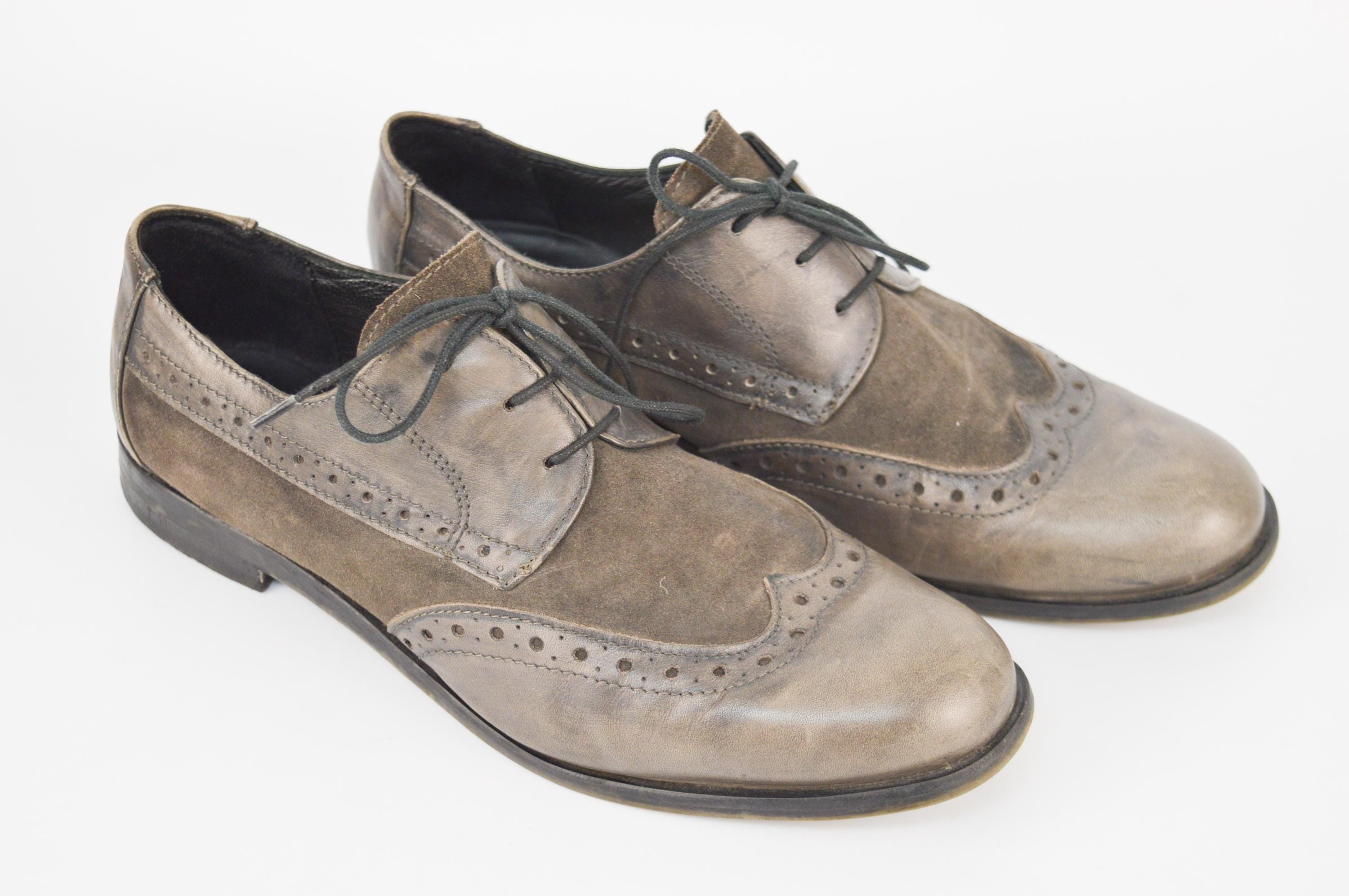 Vintage Leather Suede Wingtip Oxford Shoes - Gray Brogue 