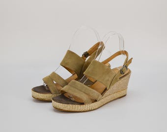 Vintage Suede Wedge Sandals - Olive Green Espadrille - EU 37 / US 6.5