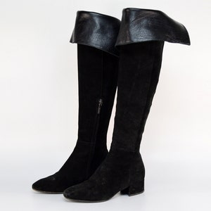 Suede Black Leather Over the Knee Boots with Low Heels Tall Pull On Sock Boot for Women | Size 36EU 6US by Aeydē / Made in Italy