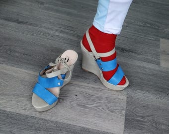 Blue Leather Wedge Sandal, Women Platform Strappy Shoes, European Size 37EU 6.5US