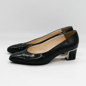 vintage Patent Leather Pumps in Black with Golden Heel Details / women Low Heel snake skin Pattern Upper shoes by Bally 37EU