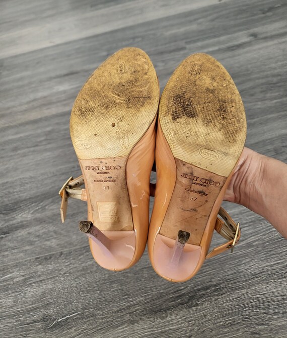 Vintage beige brown women peep toe sandals patent… - image 9