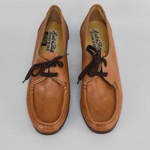 Vintage Leather Lace Up Loafers in Tan Color | Round Toe High Chunky Heel Shoes for Women | Size EU 39 | Made in Italy